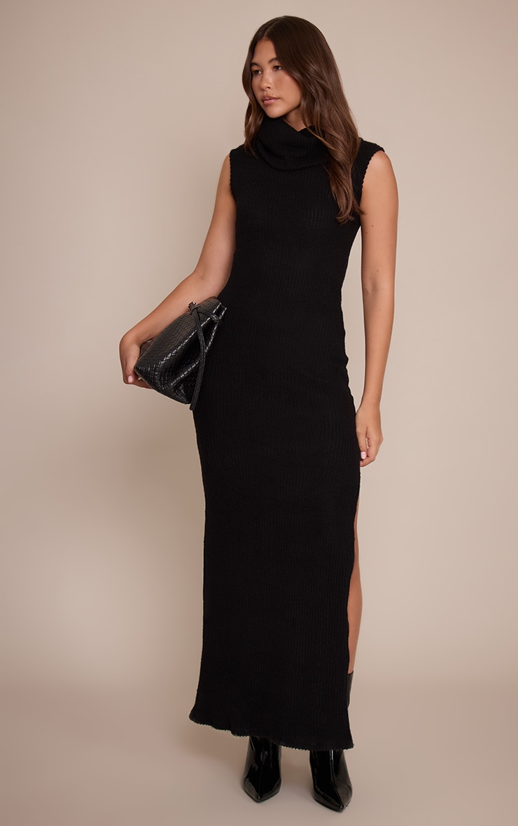 Black Brushed Rib Roll Neck Sleeveless Maxi Dress image 3