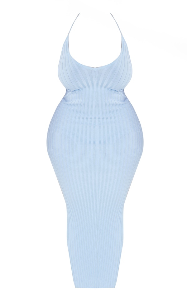 Plus Pale Blue Knitted Plunge Maxi Dress PrettyLittleThing