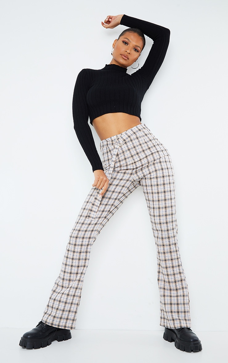 Stone Check Woven Belted Flared Trousers