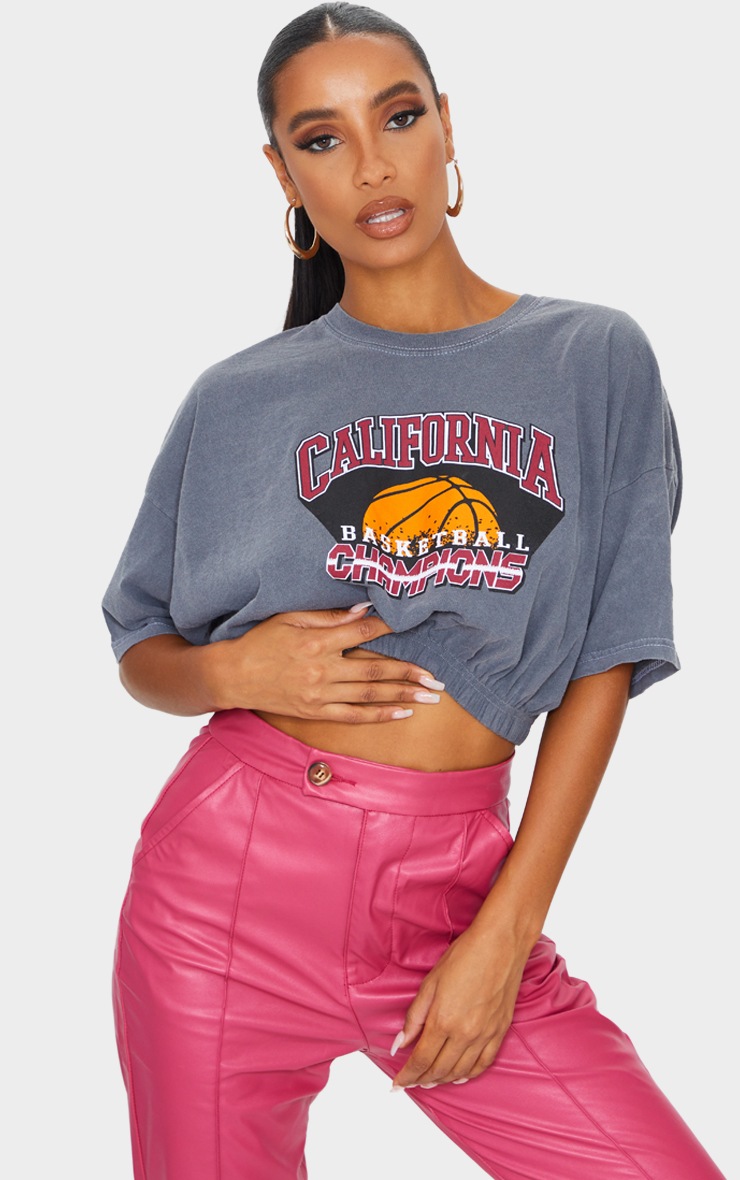 Charcoal Washed Cali Basketball Slogan Elastic Hem T Shirt
