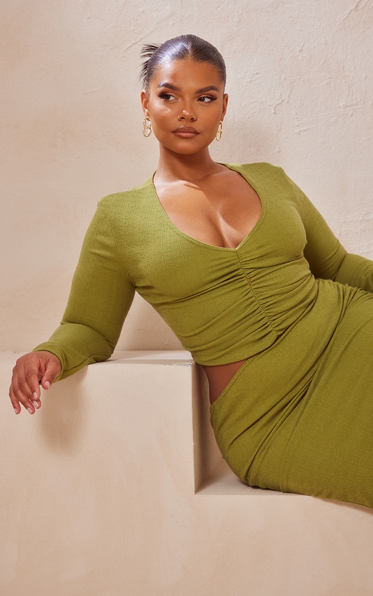 Plus Olive Ruched Front Longsleeve Top
