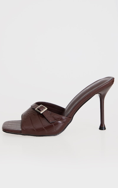 Brown Croc PU Square Toe Gold Buckle High Stiletto Heeled Mules
