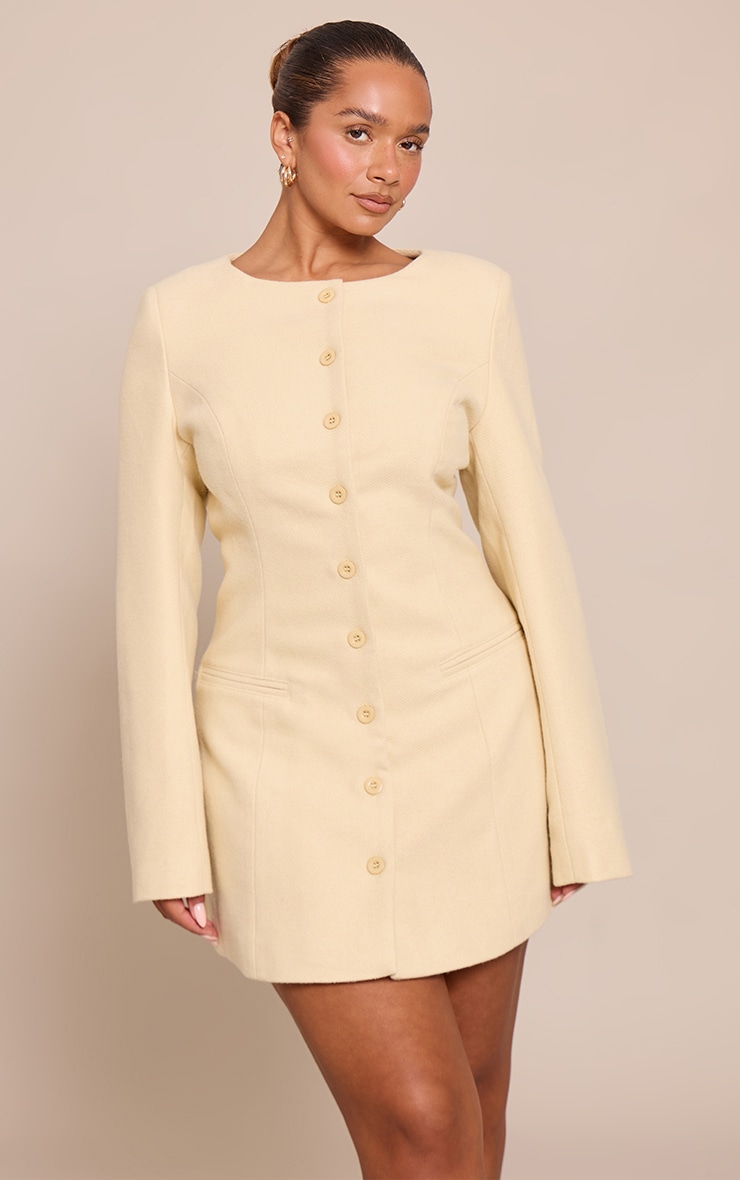 Shape Butter Yellow Wool-Look Button Front Tailored Mini Dress image 1