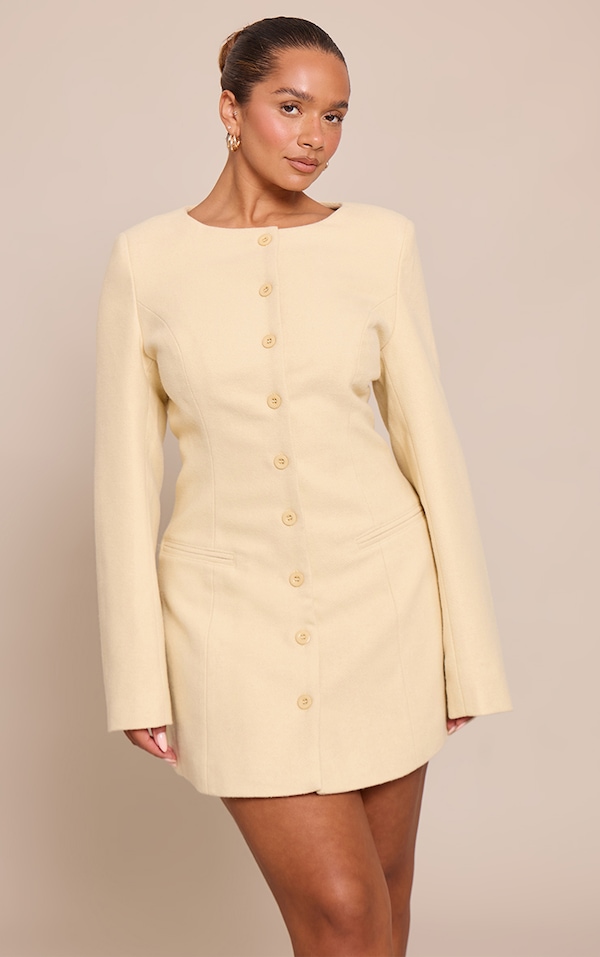 Shape Butter Yellow Wool-Look Button Front Tailored Mini Dress