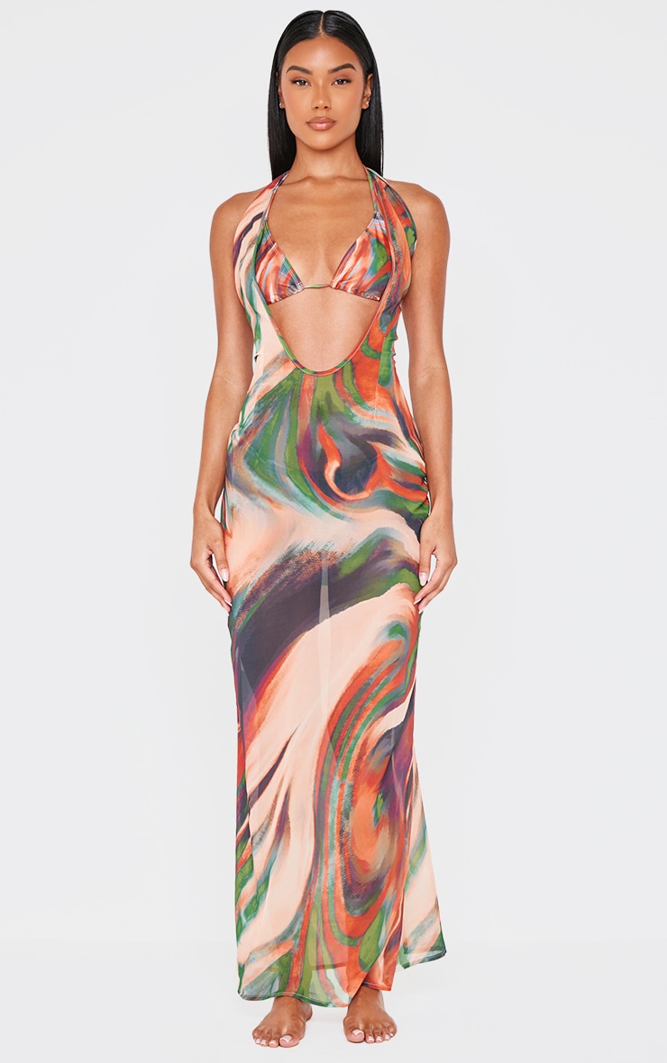 Multi Printed Chiffon Deep Plunge Maxi Beach Dress image 1