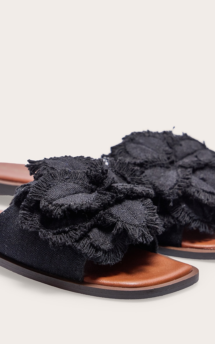 Black Linen Round Toe Flower Strap Mule Sandals image 4
