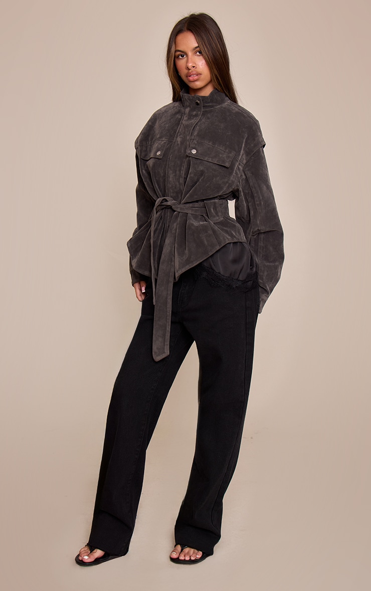 Petite Charcoal Suede Belted Drop Waist Jacket image 3