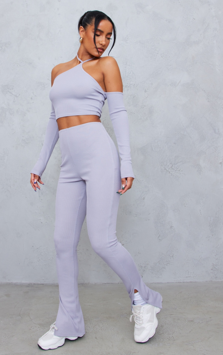 Light Grey Rib Split Hem Detail Mid Rise Leggings image 1