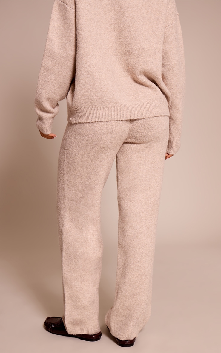 Petite Oatmeal Ribbed Waist Knitted Wide Leg Pants image 3