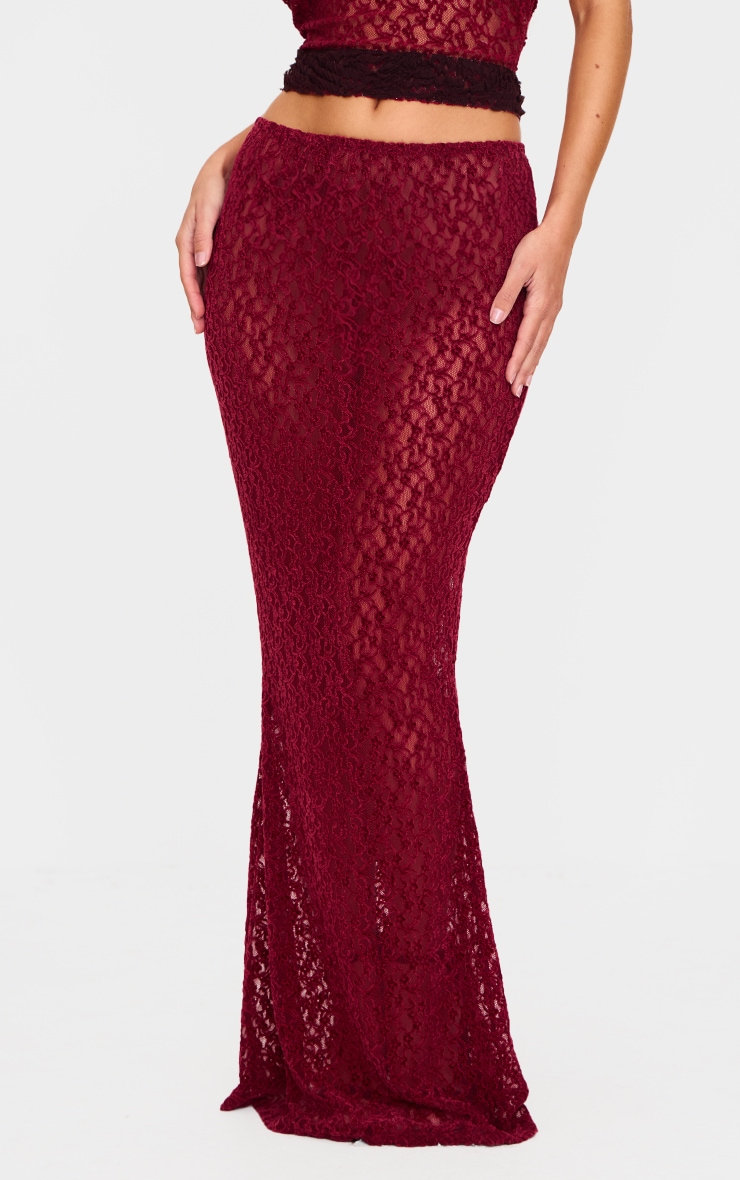 Burgundy Textured Lace Maxi Skirt image 1