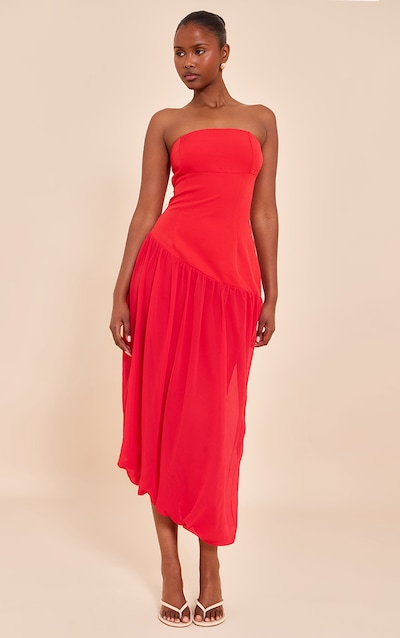 Robe bustier mi-longue en mousseline de soie rouge tomate à ourlet ballon