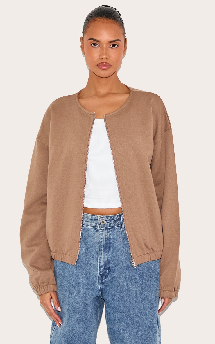 Taupe Premium Oversized Boxy Collarless Zip Sweat Top