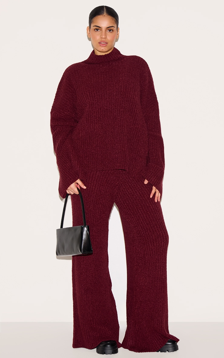 Plus Burgundy Rib Boucle Knit Wide Leg Pants image 1