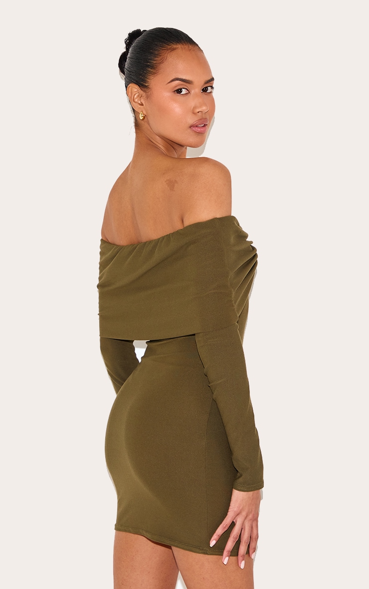 Khaki Soft Touch Twist Detail Bardot Bodycon Dress image 2