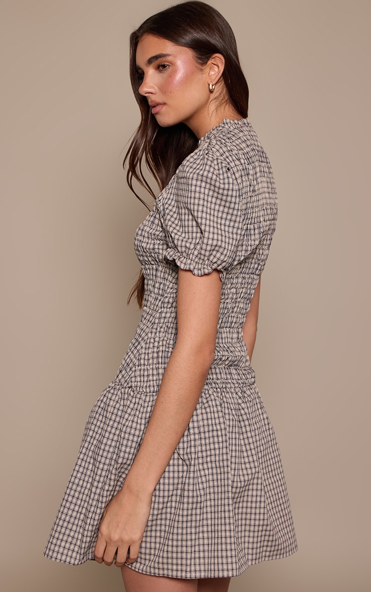 Grey Check Shirred Cap Sleeve Shift Dress image 2