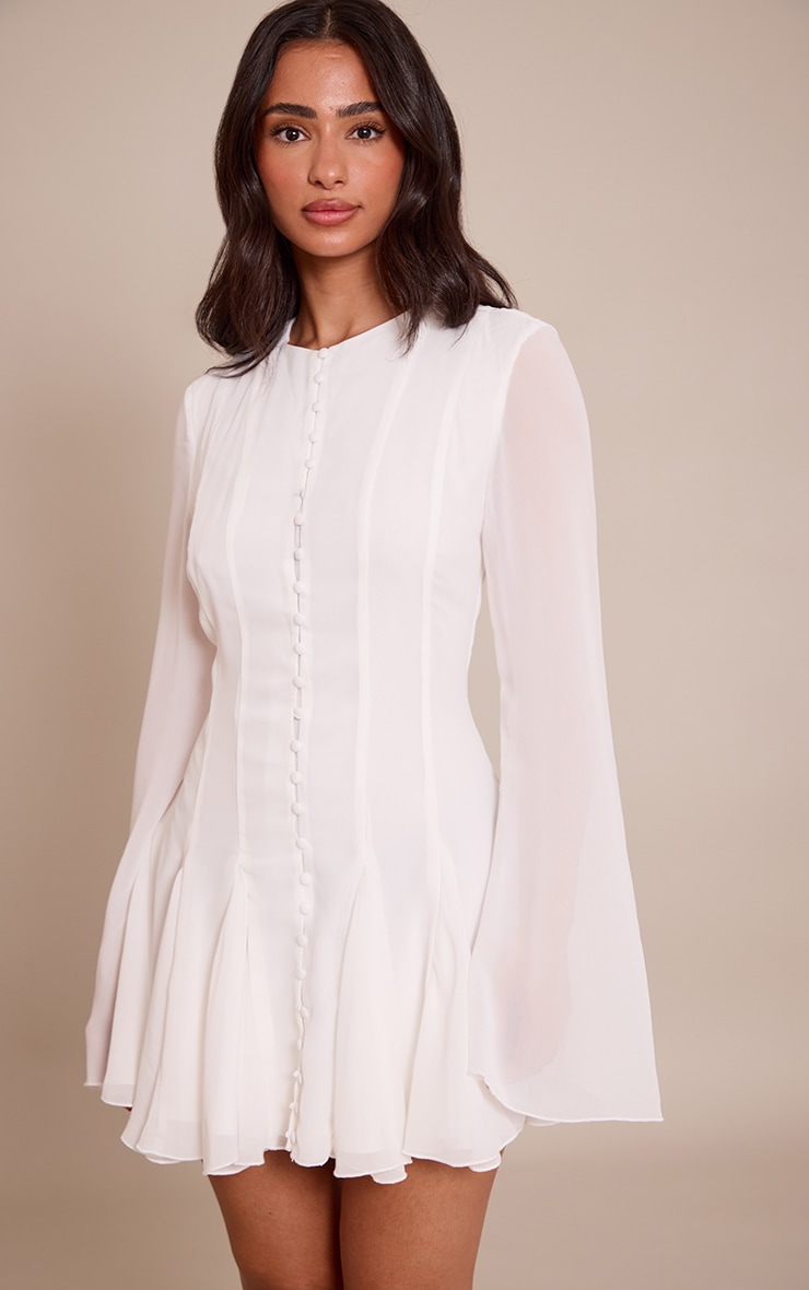 Petite White Button Detail Long Sleeve Mini Dress image 1