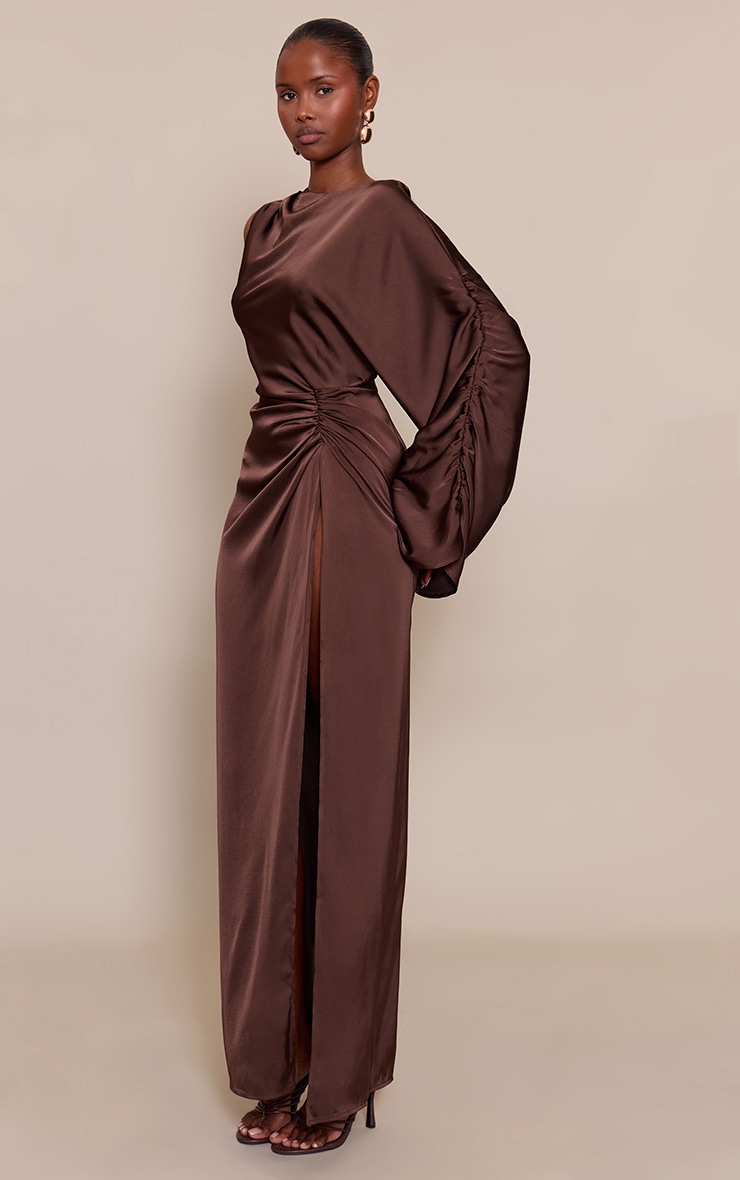 Chocolate Satin Asymmetric Cape Detail Maxi Dress image 3