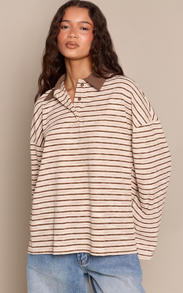 Light Brown Soft Rib Striped Detail Collared Long Sleeve Top
