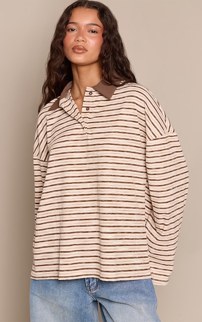 Light Brown Soft Rib Striped Detail Collared Long Sleeve Top
