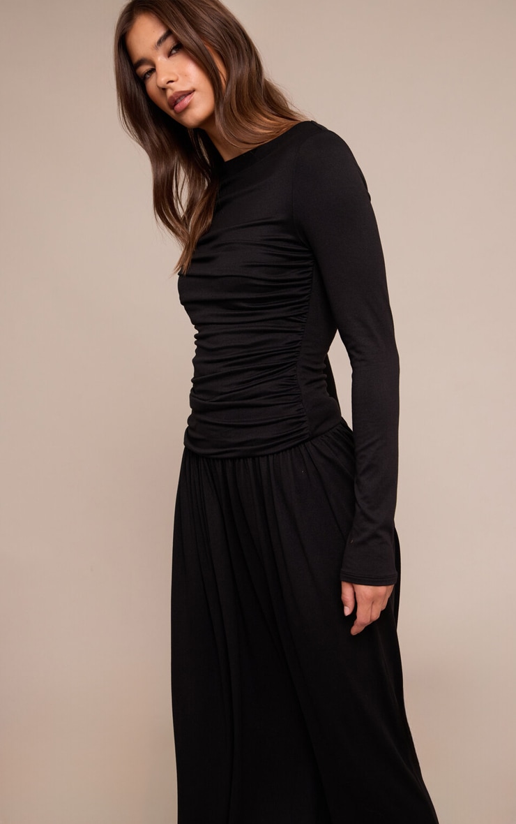 Black Soft Touch Jersey Ruched Long Sleeve Maxi Dress image 4
