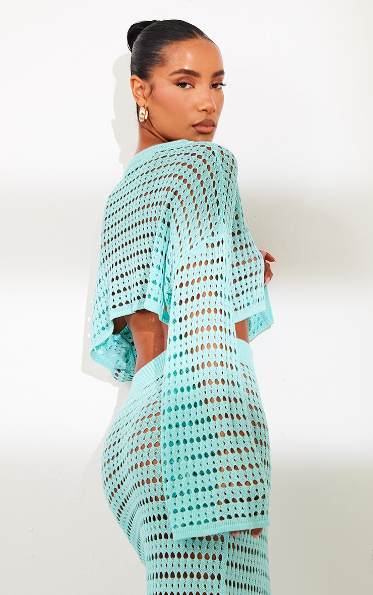 Aqua Crochet Knit Long Sleeve Floaty Top PrettyLittleThing