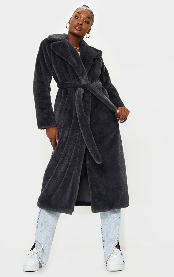 Tall - Manteau ceinturé en fausse fourrure grise