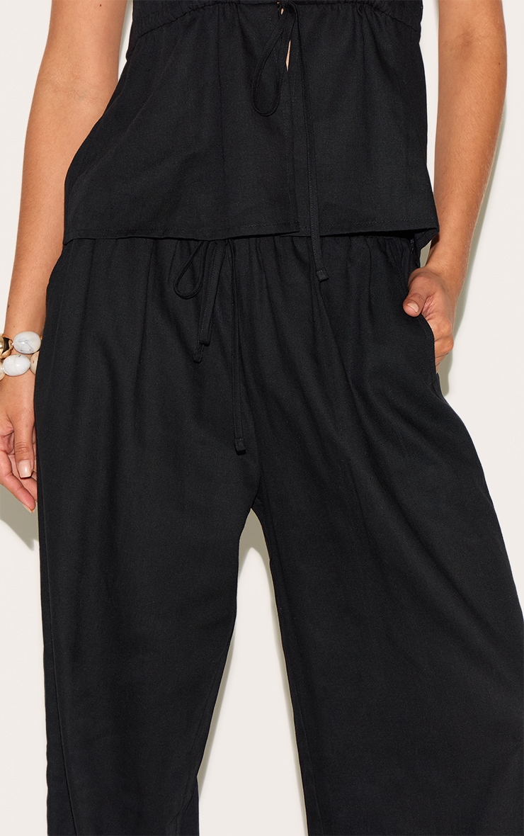 Black Linen Look Drawstring Wide Leg Pants image 4