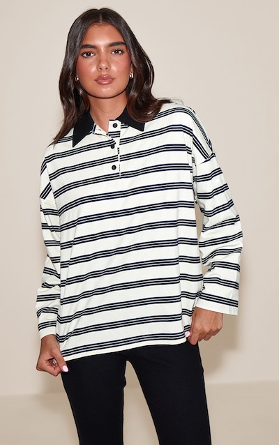 White Stripey Collar Detail Long Sleeve Rugby Top