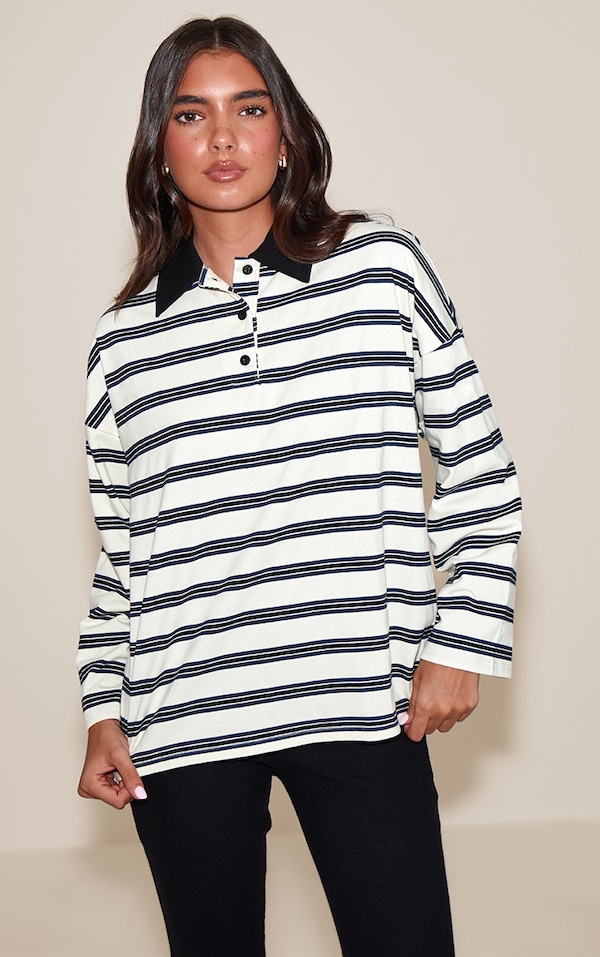 White Stripey Collar Detail Long Sleeve Rugby Top 