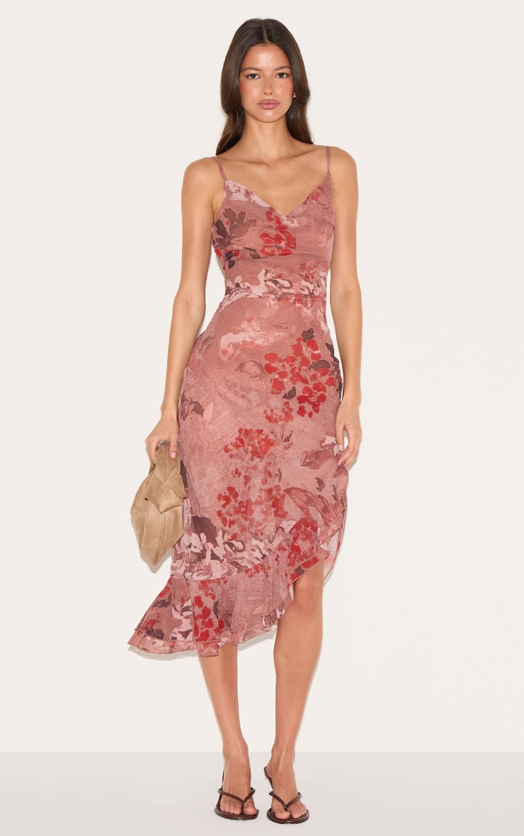  Mushroom Chiffon Floral Cowl Neck Midi Dress image 1