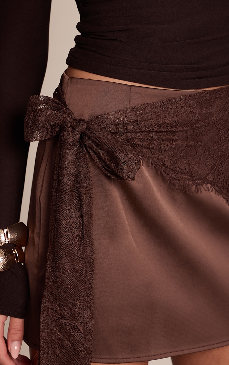 Chocolate Lace Wrap Detail Satin Mini Skirt image 5