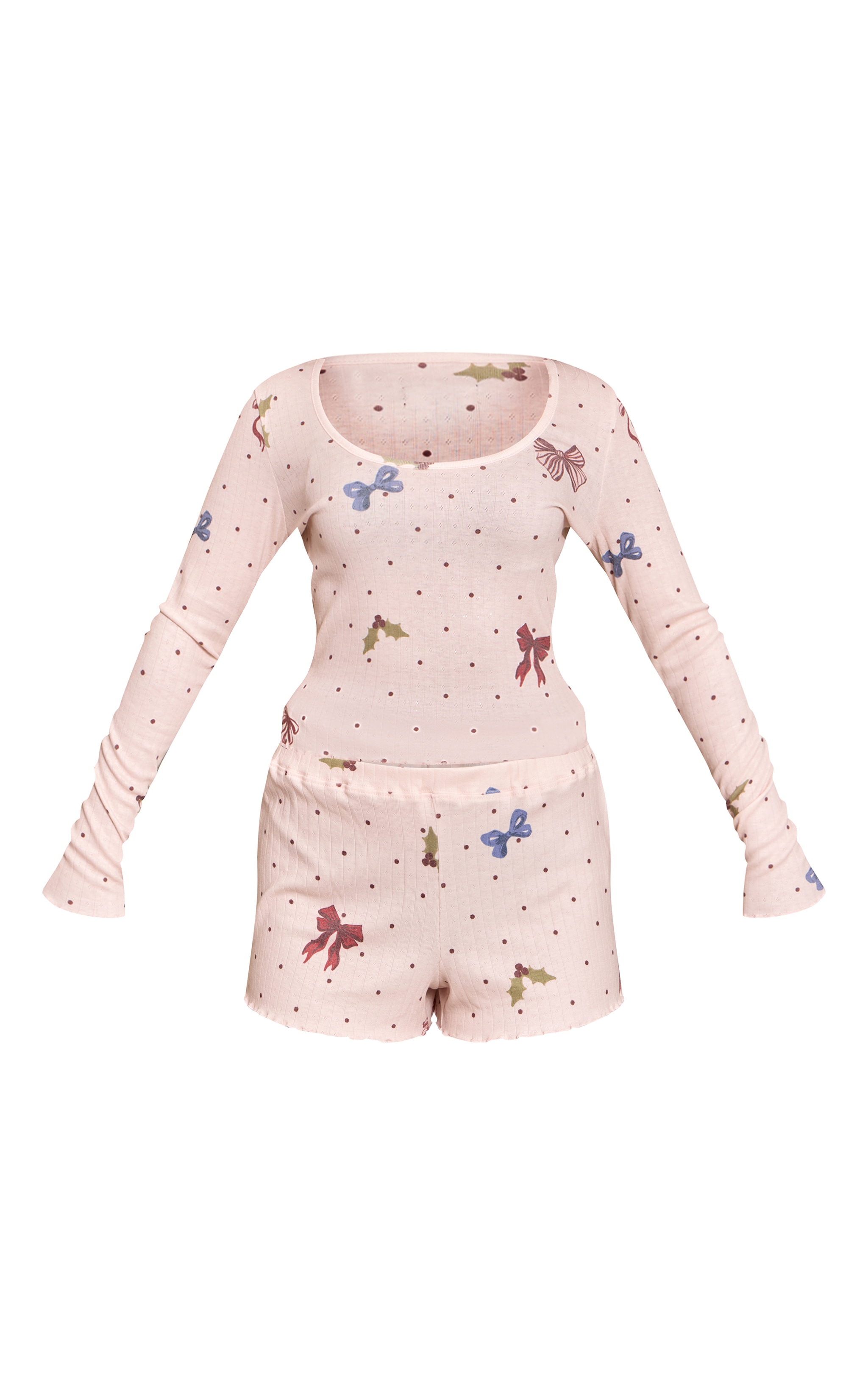 Petite Pink Christmas Bow Jersey Fitted Long Sleeve Top and Shorts PJ Set image 5
