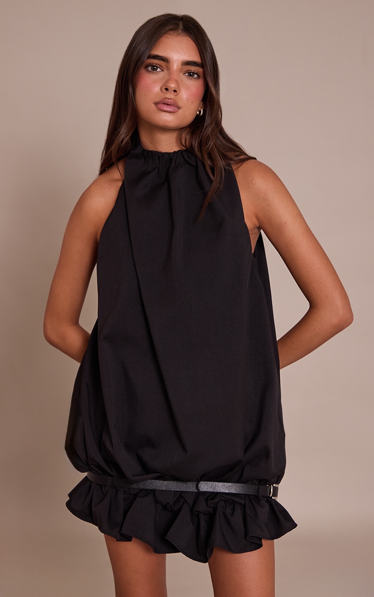 Black Puffball Belted Dress