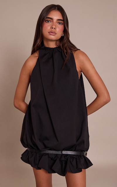 Black Puffball Belted Dress