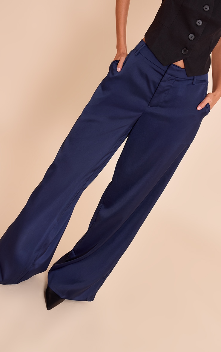 Navy Satin Tailored Detail Wide Leg Pants image 2