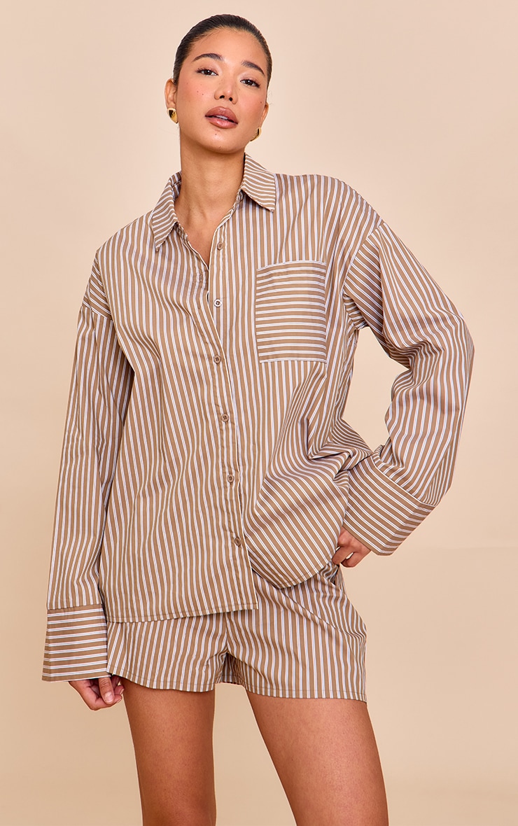 Olive Woven Pinstripe Balloon Sleeve Oversized Shirt image 1