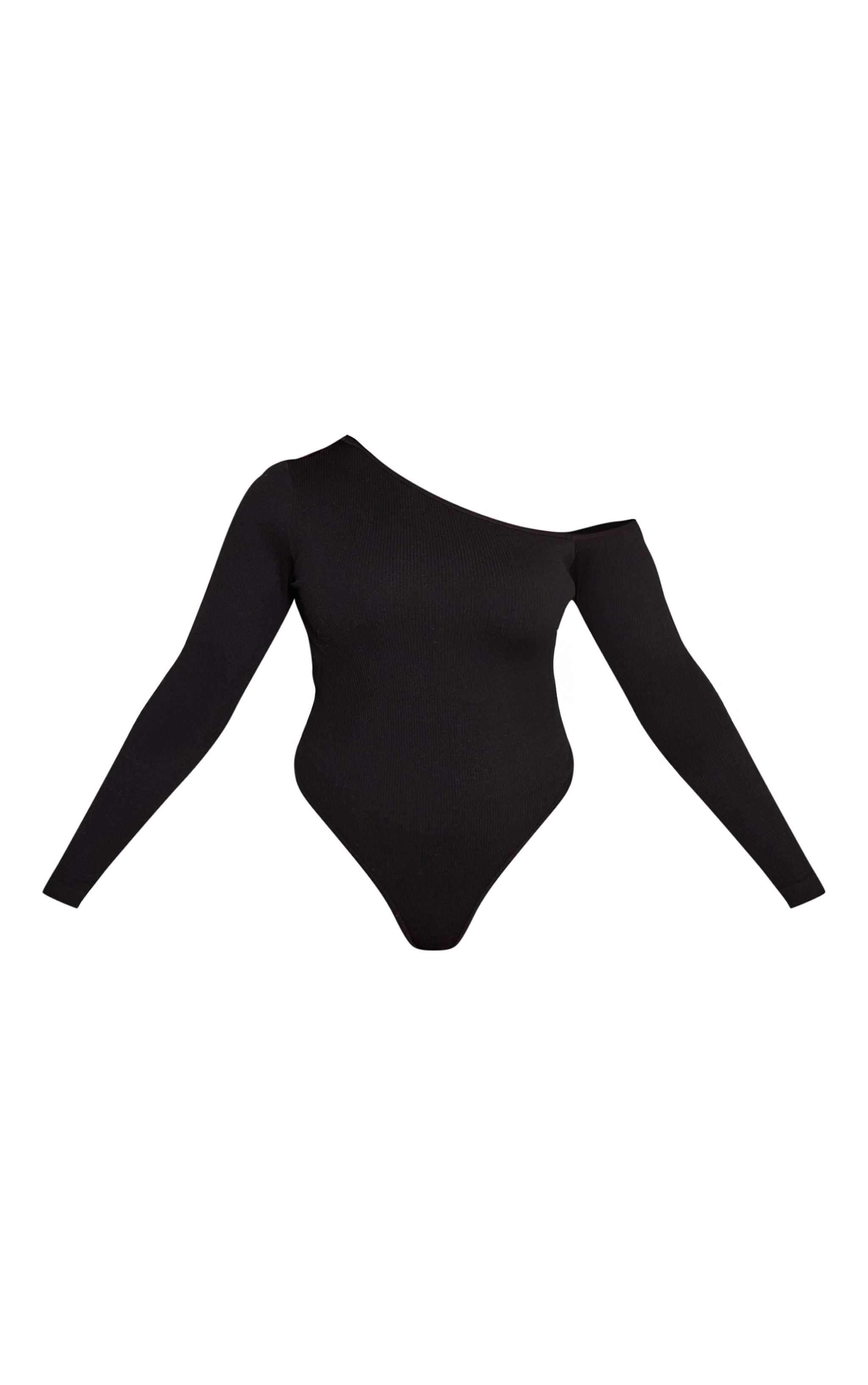 Plus Black Snatched Rib Asymmetric Long Sleeve Bodysuit image 5
