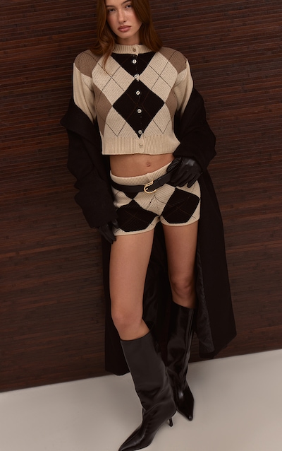 Mini short en maille tricot beige à losanges