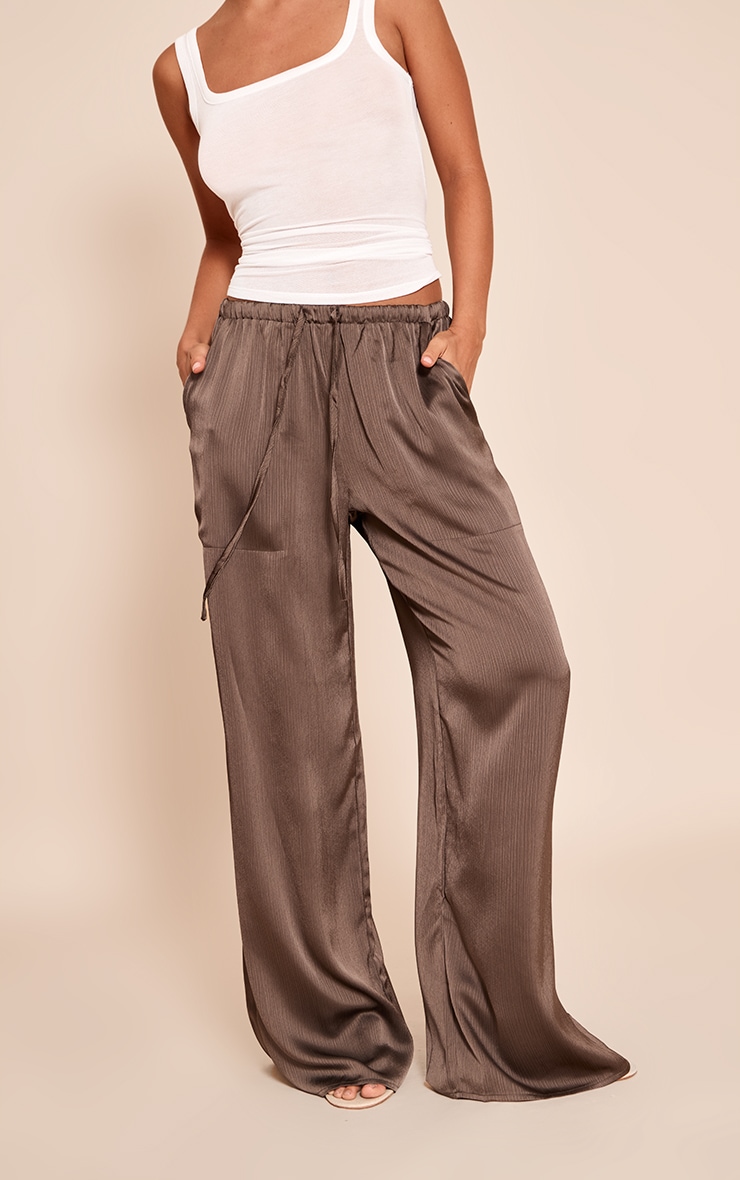 Charcoal Textured Satin Low Rise Wide Leg Drawstring Pants image 2