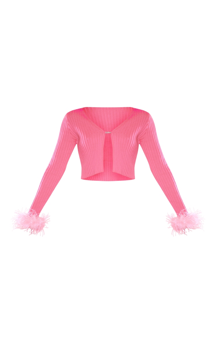 Pink Faux Feather Cuff Detail Knitted Cardigan PrettyLittleThing USA
