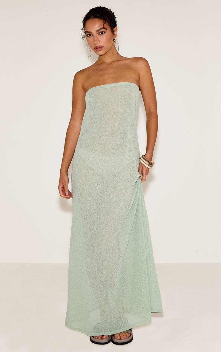 Khaki Textured Bandeau Column Maxi Dress image 1