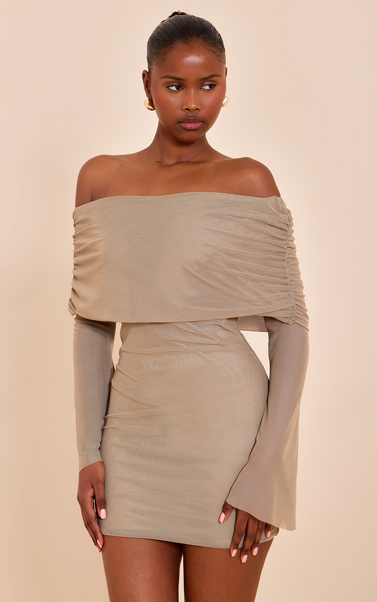 Taupe Lined Mesh Long Sleeve Mini Dress image 1