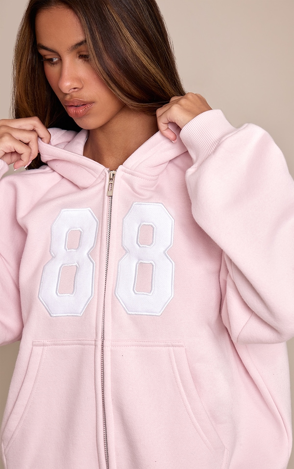 Petite Baby Pink Graphic Zip Up Hoodie