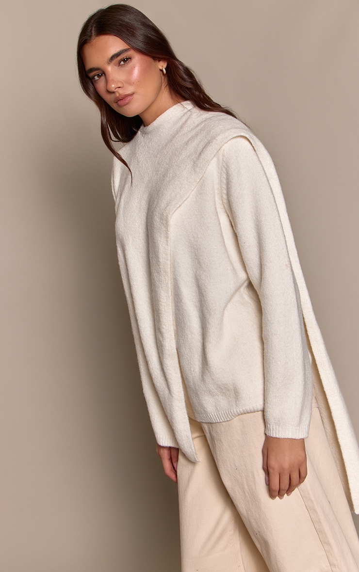 Cream Scarf Wrap Detail Oversized Knitted Sweater  image 1