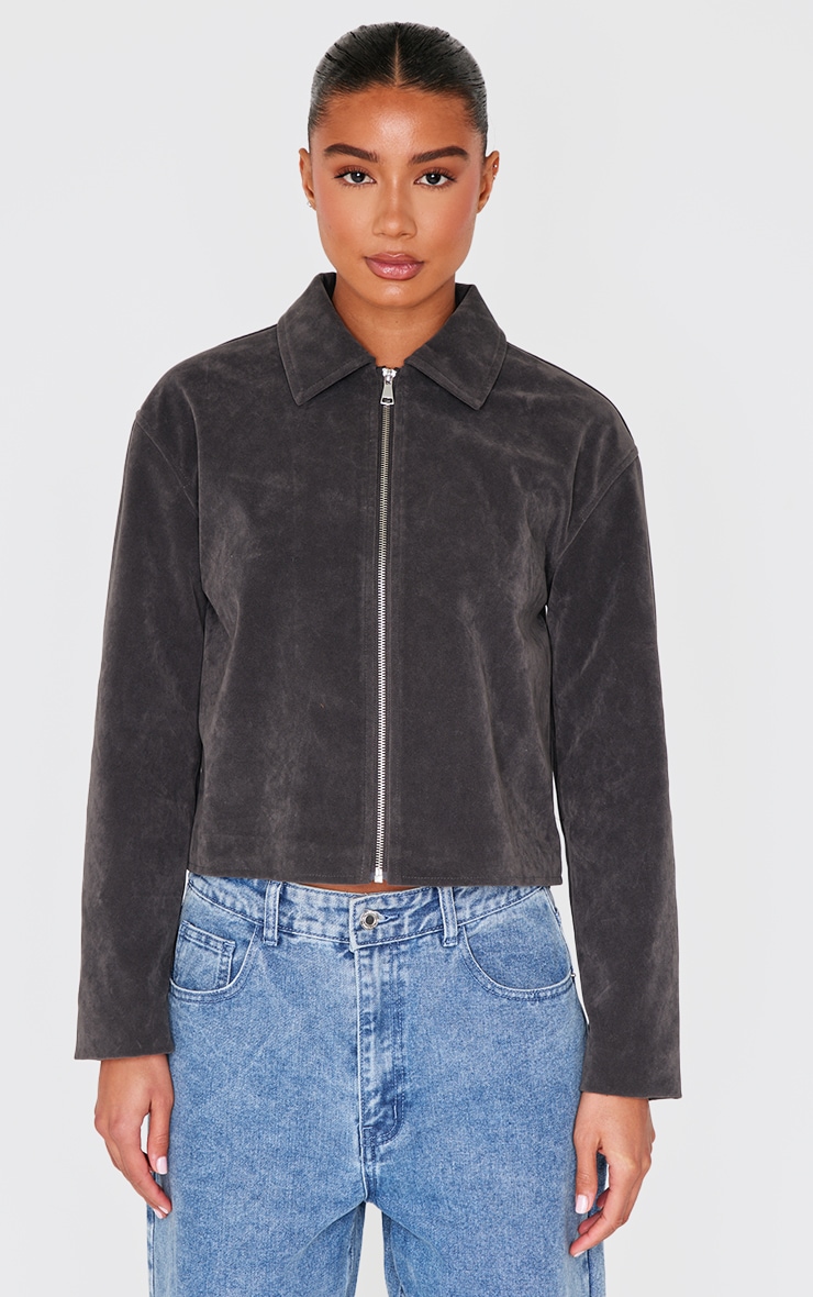Charcoal Zip Up Faux Suede Jacket image 1