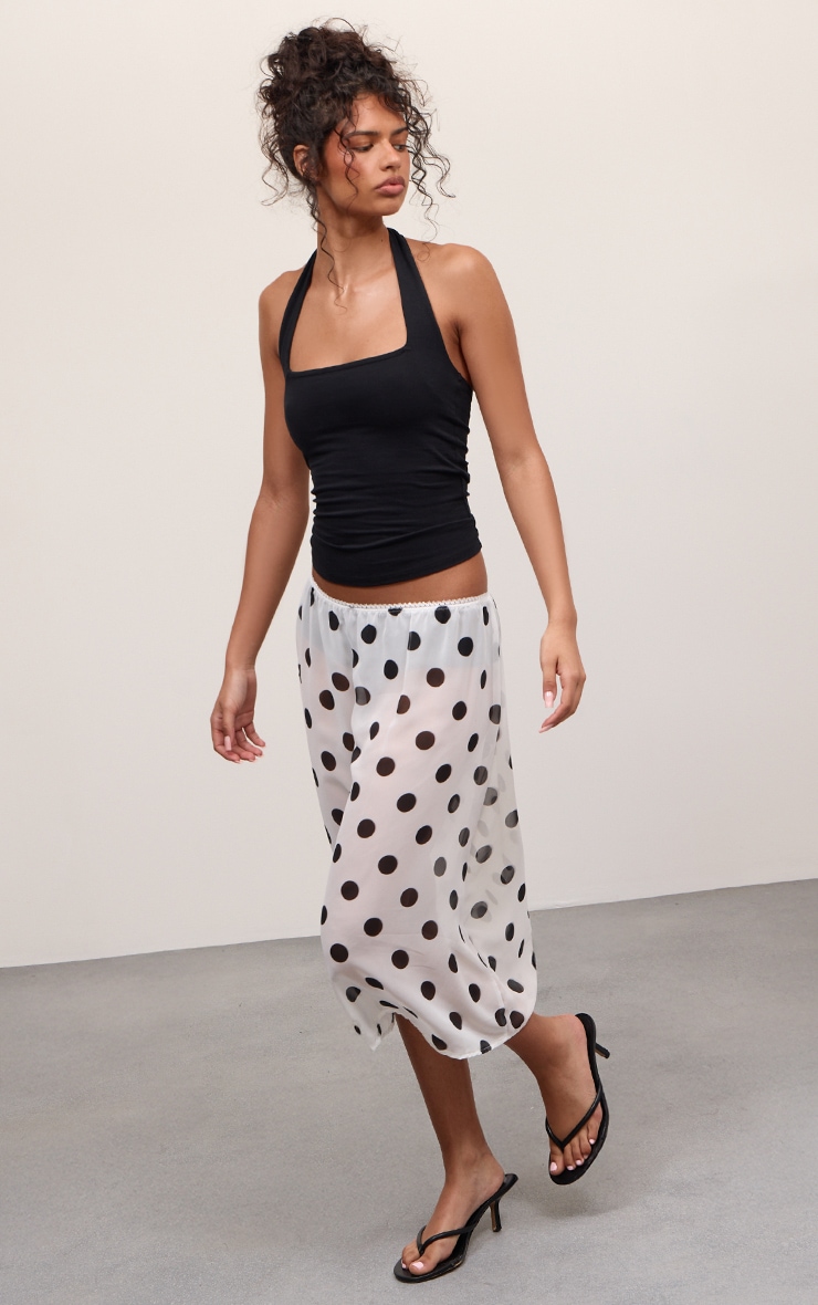 White Polka Dot Printed Chiffon Midi Skirt