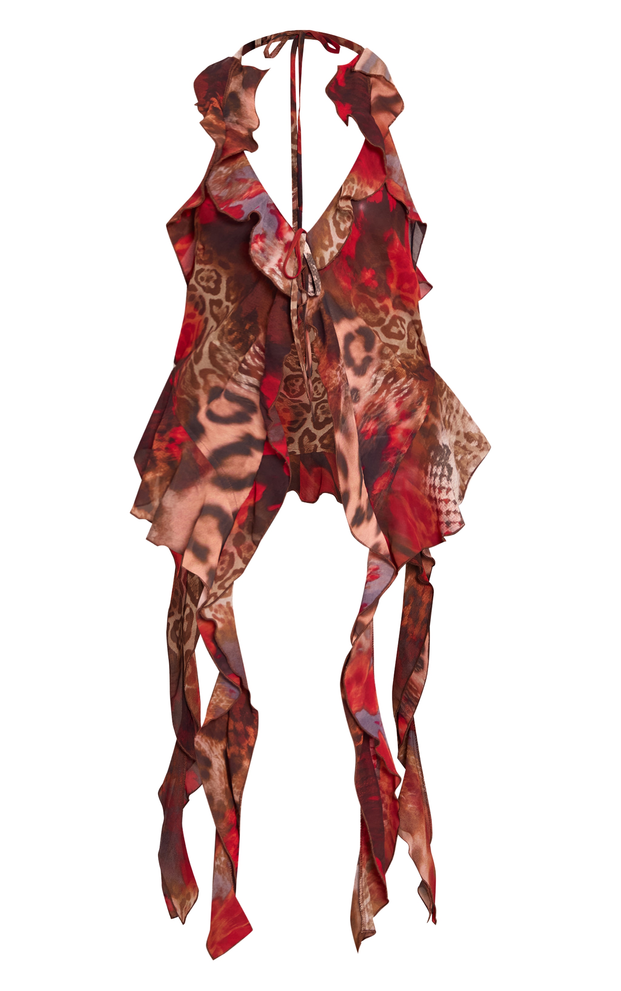 Printed Chiffon Ruffle Drape Detail Longline Top image 5