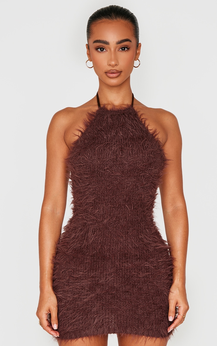 Petite Chocolate Fluffy Knit Halterneck Mini Dress image 3