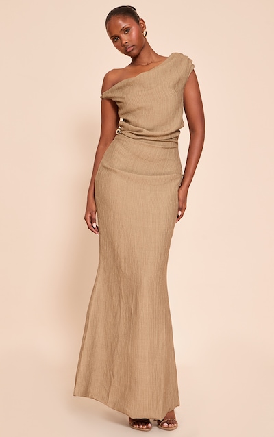 Robe longue texturée kaki à épaule unique