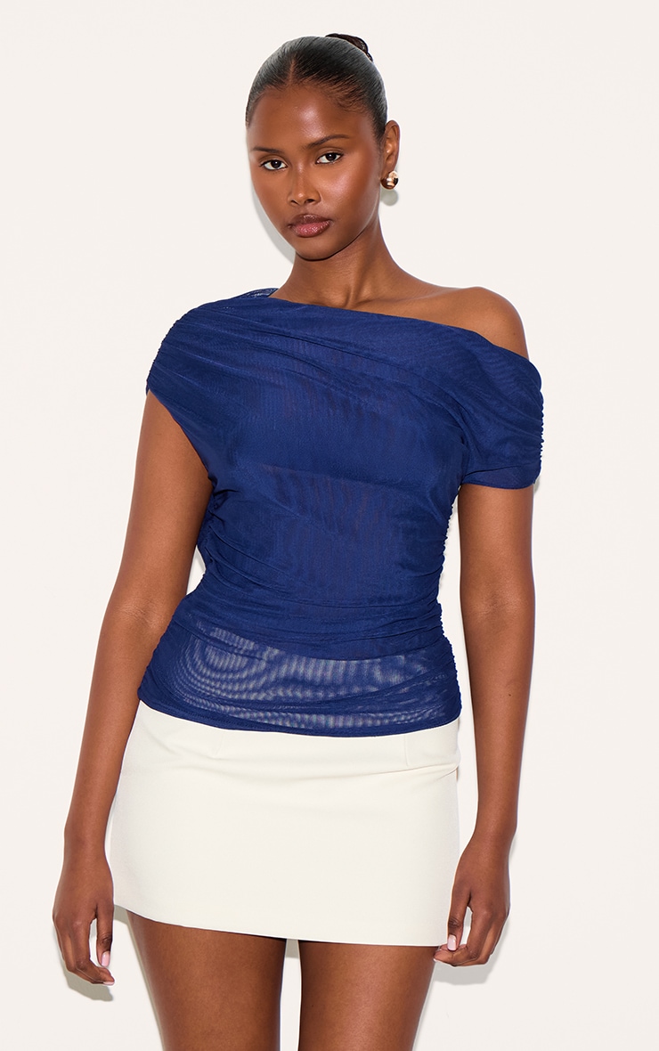  Navy Double Layer Mesh Ruched Detail Asymmetric Top image 1